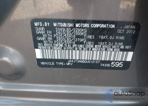 2013 Mitsubishi Outlander Se из США, поврежденный, VIN JA4JT3AW2DU012157